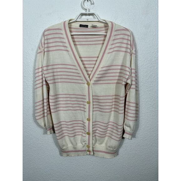 Vintage Andrew St John Sweater Cardigan Size L Pink Striped Acrylic Grandpa Y2K - Picture 2 of 10